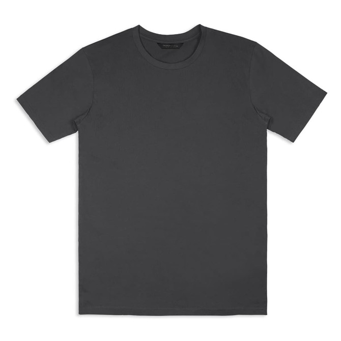 A grey unisex t-shirt with a crew neck and short sleeves, featuring a logo on the label.