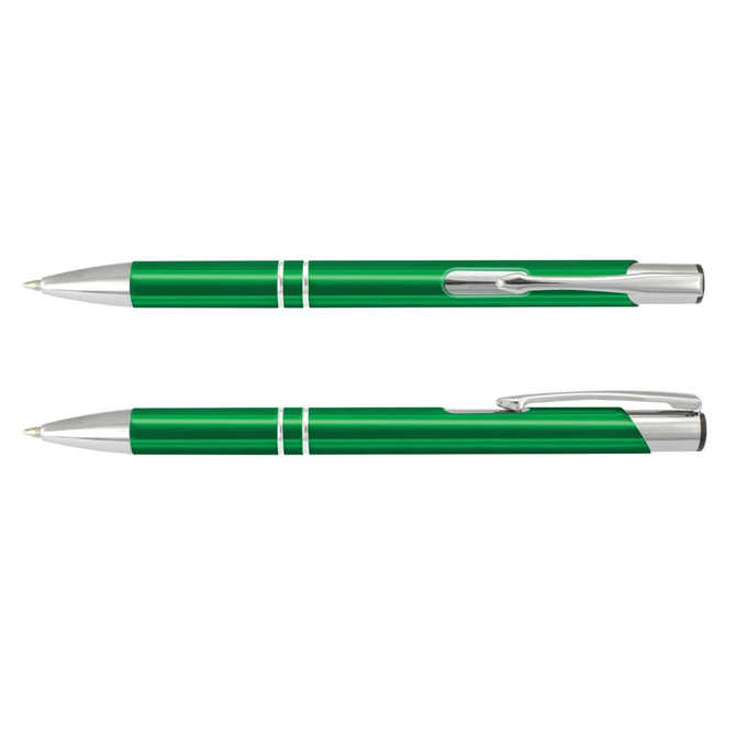 A green metal pen with silver accents, featuring a clip and sleek design, including a logo.