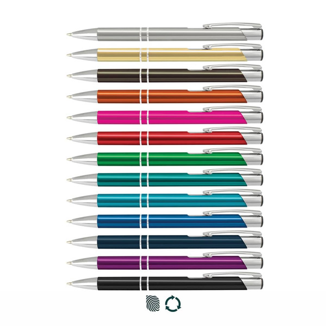 A collection of metal pens in various colours including blue, red, green, pink, black, and silver, featuring a logo.