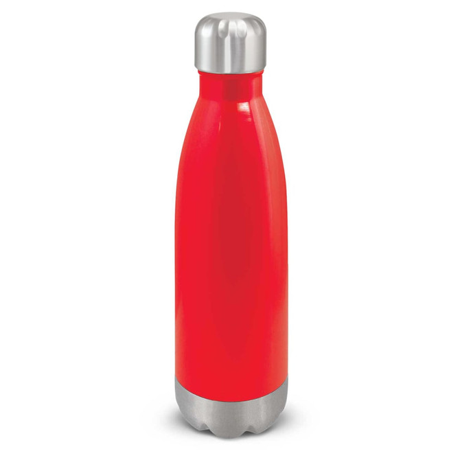 A drink bottle with a vibrant red body and a stainless steel cap. The design features a sleek, modern shape.