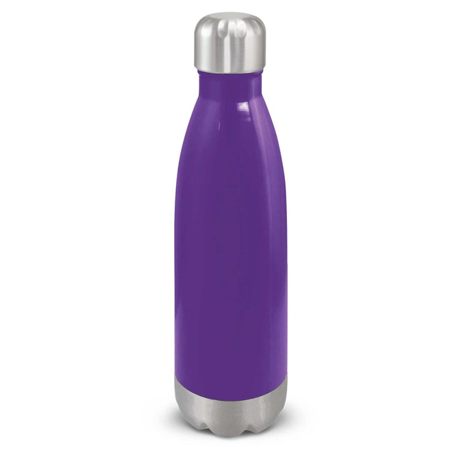 A drink bottle with a sleek purple design and a stainless steel cap and base.