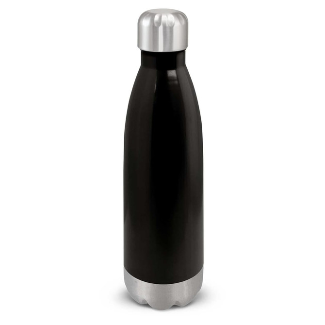 A drink bottle with a sleek black exterior and a silver cap, featuring a stainless steel base for durability.
