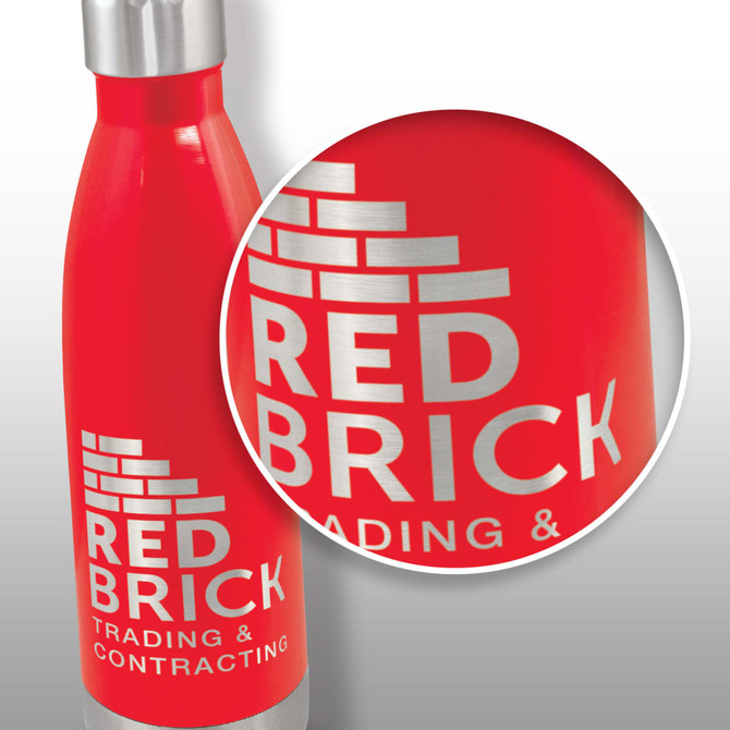 A drink bottle in bright red with a silver logo and branding, featuring a sleek stainless steel cap.