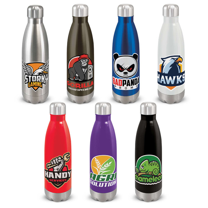 A drink bottle collection featuring stainless steel, red, blue, black, white, purple, and silver finishes, with various logos.
