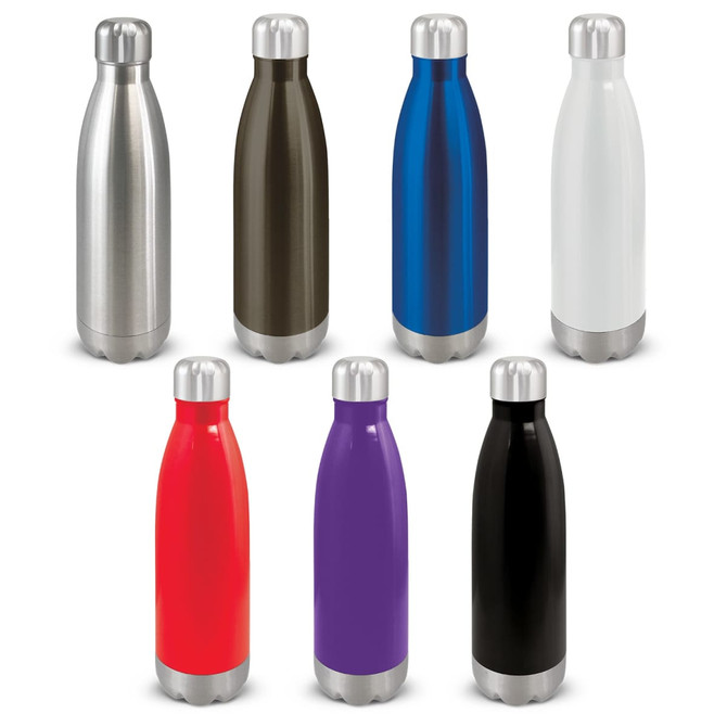 A drink bottle collection featuring silver, dark brown, blue, white, red, purple, black, and a metallic finish, with a logo on some.