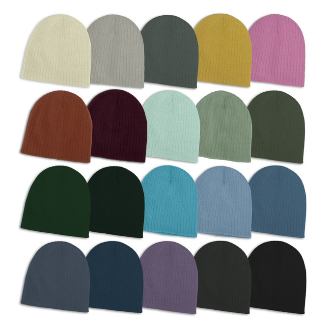 A series of cable knit beanies in various colours, including cream, grey, green, purple, and burgundy, arranged in a grid.