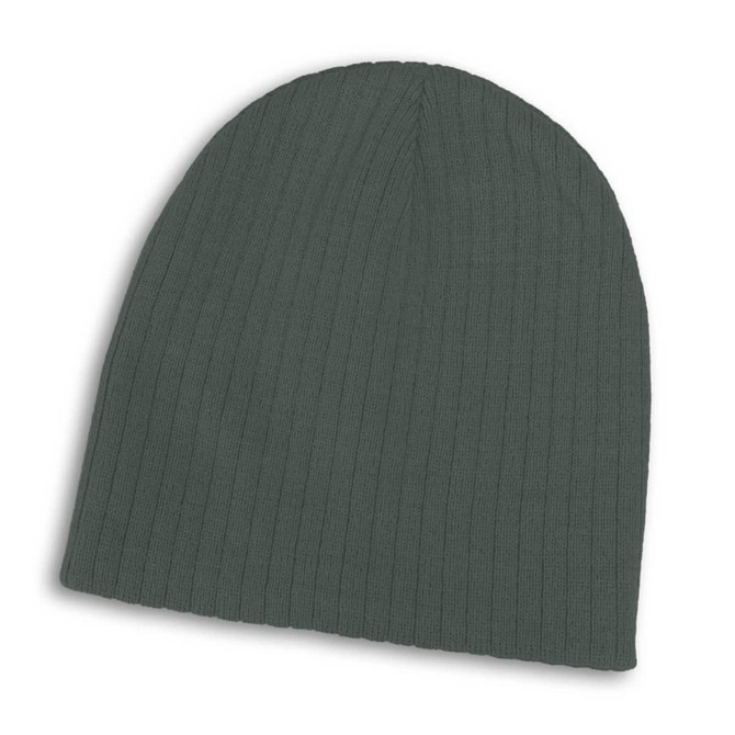 A grey cable knit beanie with a ribbed texture, featuring a logo or branding on the side.
