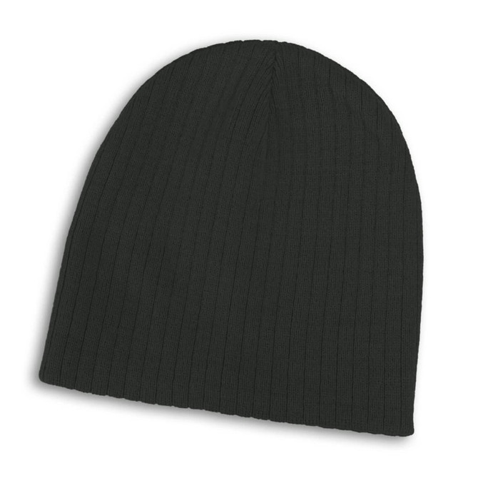 A black cable knit beanie with a ribbed texture and a branding logo.