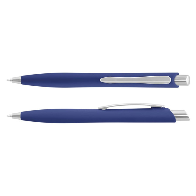 A blue plastic pen with a silver clip and tip, featuring a sleek design and a branded logo.