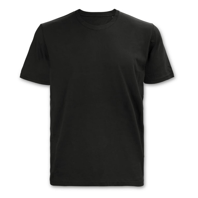 A plain black men's T-shirt featuring short sleeves and a crew neckline, with a small logo.