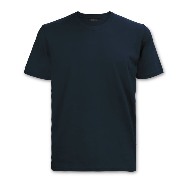A plain navy blue men's t-shirt with a round neckline and short sleeves. It features a logo on the label.