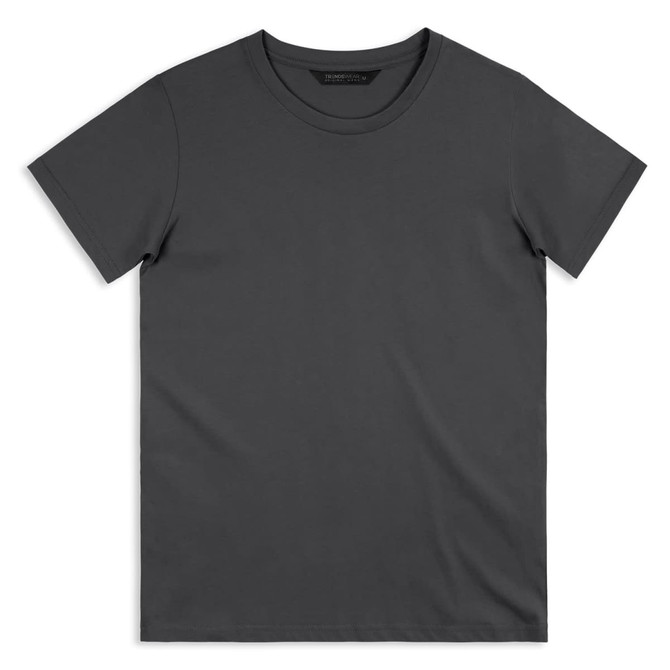 A grey men's T-shirt with a round neckline and short sleeves, featuring a logo on the label.