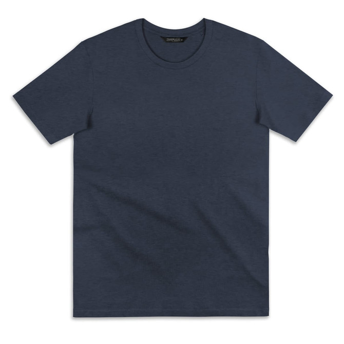 A navy blue women's t-shirt with a classic crew neckline and short sleeves. It features a logo on the neckline.