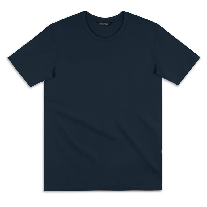 A plain navy blue women's T-shirt featuring a round neckline and short sleeves, with a branding logo.
