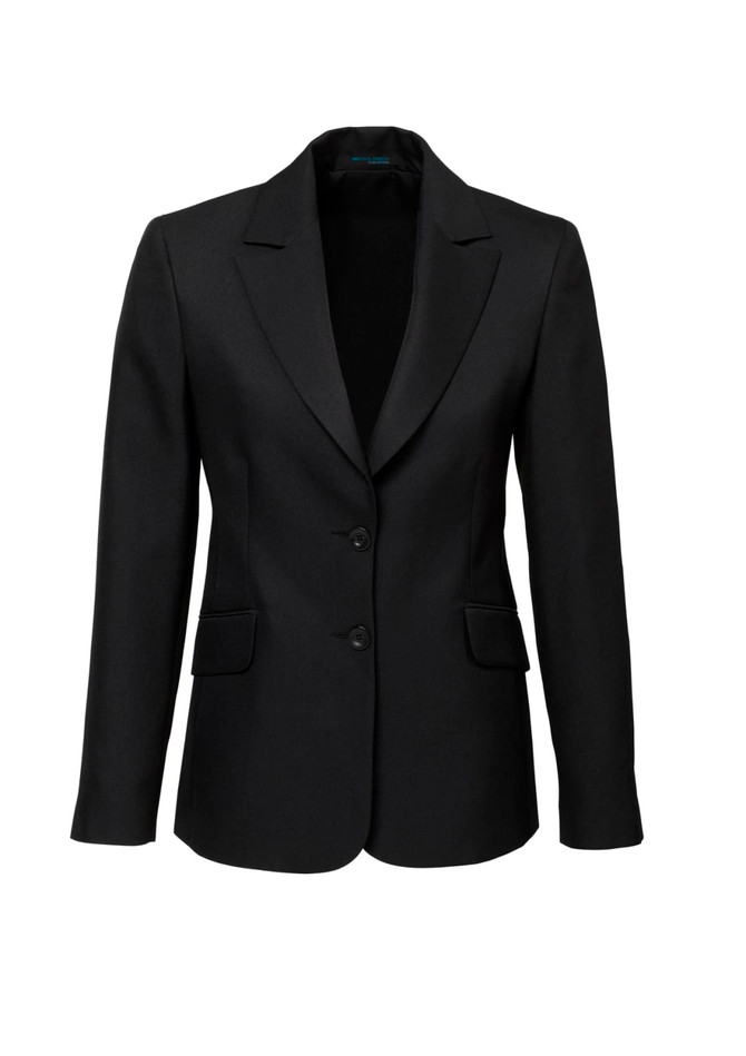 A black longline jacket with a notched lapel, two-button front, and two pockets. Features a logo on the inner label.