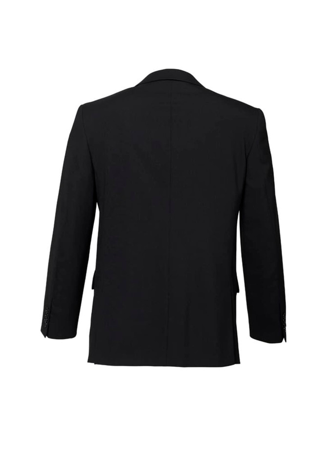 A black wool stretch blazer jacket featuring a two-button design and classic silhouette. The back has a clean finish.