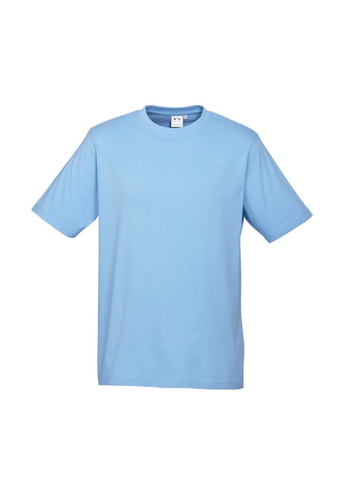 A light blue short sleeve tee shirt with a round neckline and a logo. Ideal for casual wear.