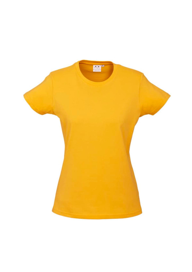 A yellow women's short sleeve tee with a fitted design and a branding logo on the label.