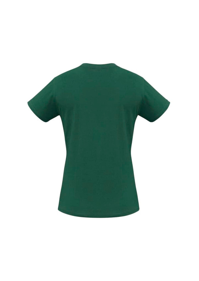A green women's short sleeve tee with a classic cut and a smooth back design. Features a logo on the front.