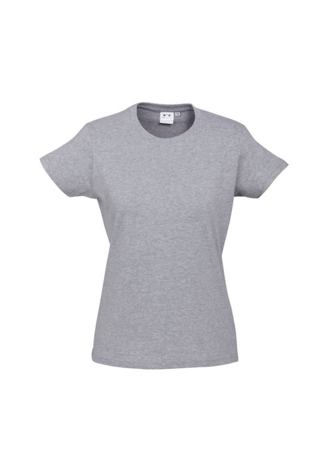 A grey women's short sleeve t-shirt with a round neckline, featuring a logo on the label.