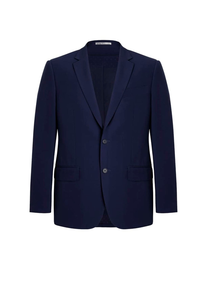 A navy blue men's blazer with a two-button front and pockets, featuring a modern tailored fit.
