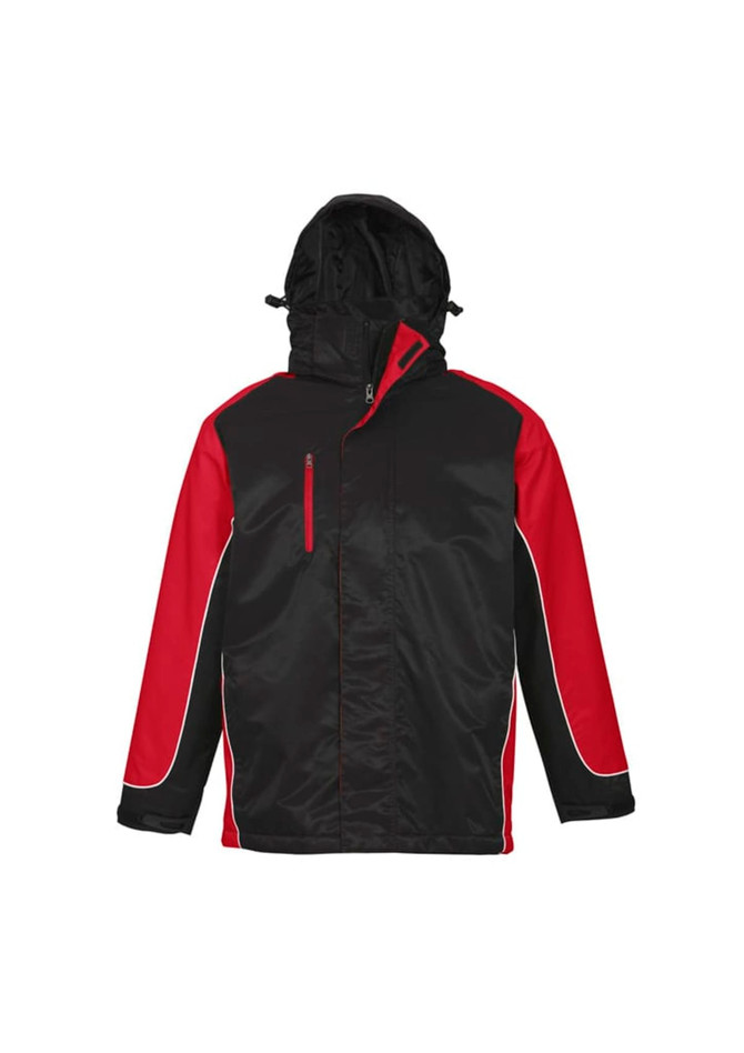 A unisex jacket featuring black and red panels, with a hood and zippered pockets, and a logo detail.