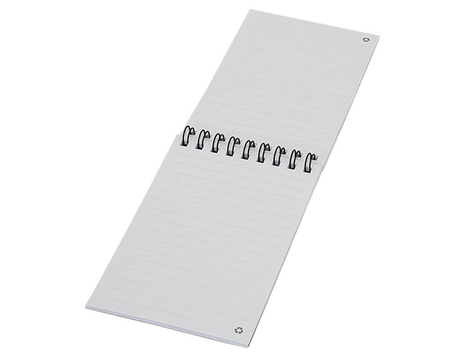 A pocket spiral notebook with white lined pages and a metal spiral binding. It includes a logo on the cover.