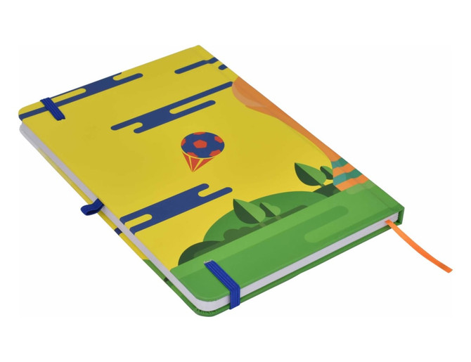 A vibrant A5 notebook featuring a colourful design with green and yellow hues, complete with an elastic strap and bookmark.