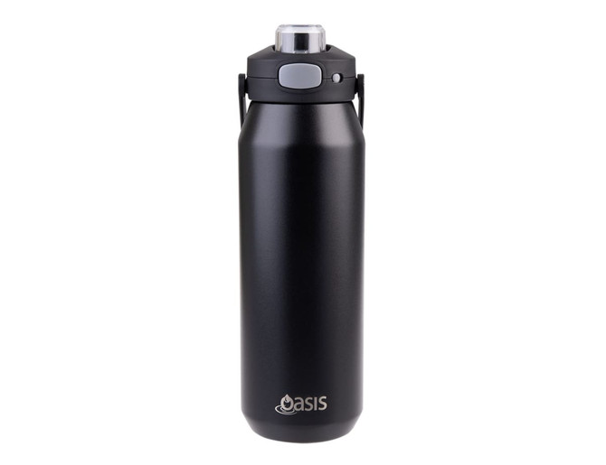 A drink bottle with a black matte finish, featuring a vacuum quick release lid and a handle, with a logo.