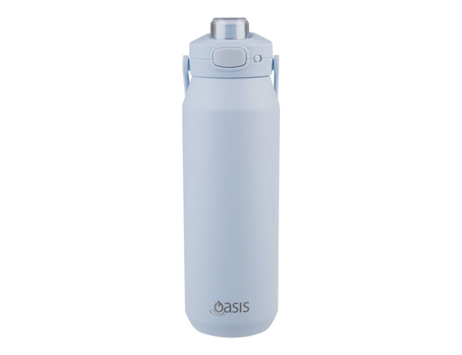 A drink bottle in pale blue with a vacuum quick release lid and a handle. Features an oval logo on the front.
