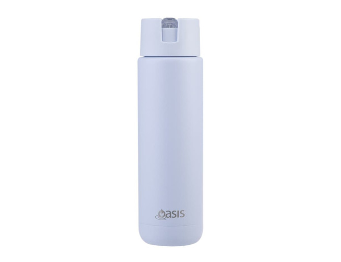 A drink bottle in light blue with a sleek design and a logo. It features a screw-on lid for easy access.