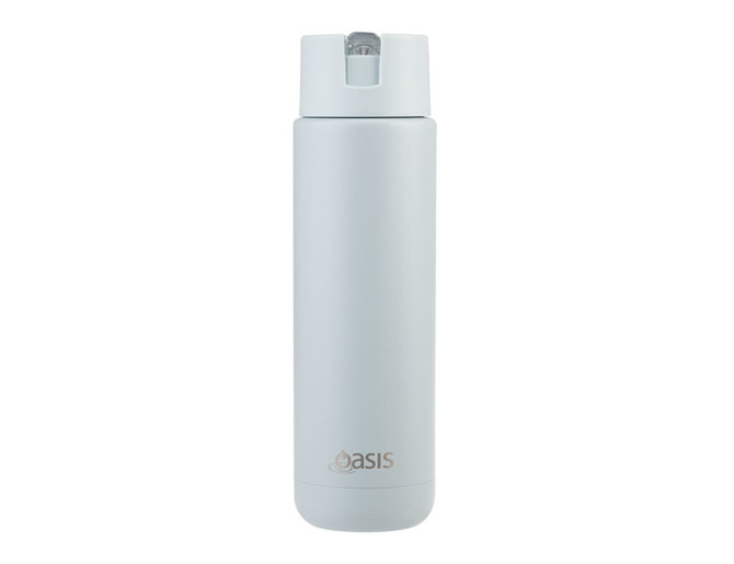 A drink bottle in soft grey with a sleek design and a logo, featuring a screw-top lid.