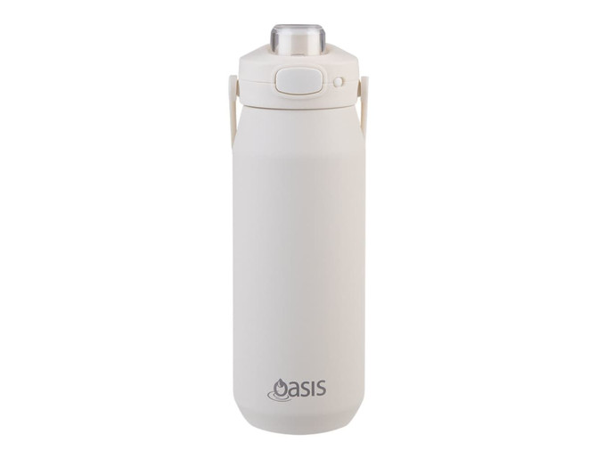 A drink bottle in matte white with a quick release lid and a logo on the front.
