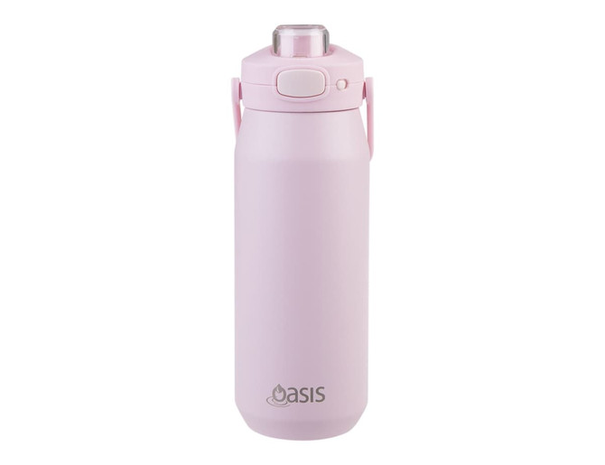 A drink bottle featuring a pink exterior, a quick release lid, and a logo on the front.