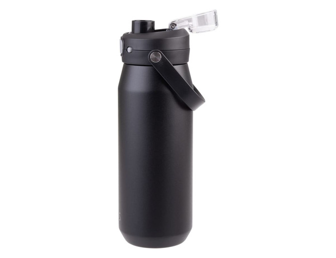 A drink bottle in matte black finish with a vacuum design and a quick release lid. Features a carry handle.