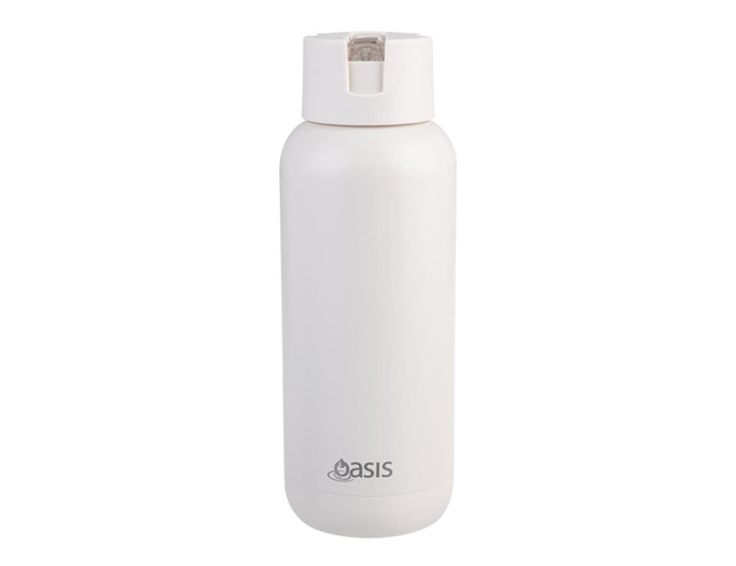 A drink bottle in a sleek white design, featuring a lid and a logo on the front.