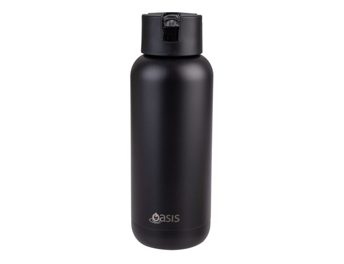 A drink bottle in matte black finish with a black lid and a logo on the front.