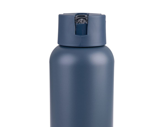 A drink bottle in a matte navy blue finish, featuring a flip-top lid, and includes a logo on the body.