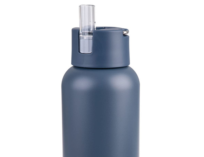 A drink bottle in matte dark blue with a clear straw lid and a metal loop for carrying. It features a logo.