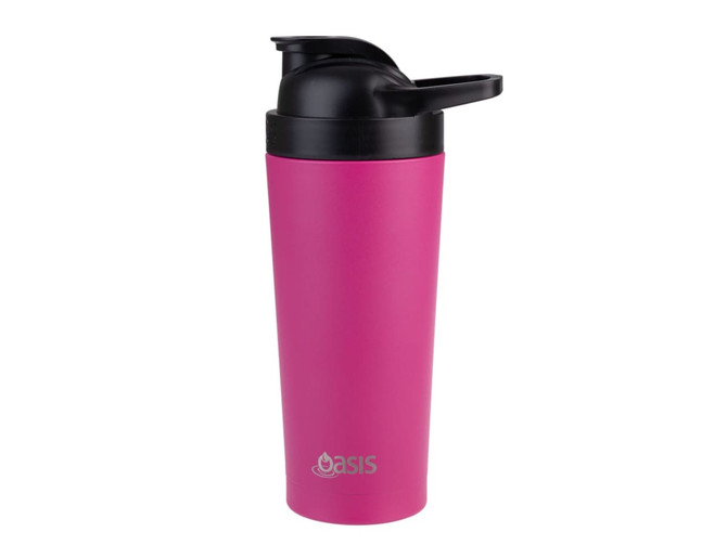 A drink bottle in vibrant pink with a black lid and a logo, designed for vacuum insulation.