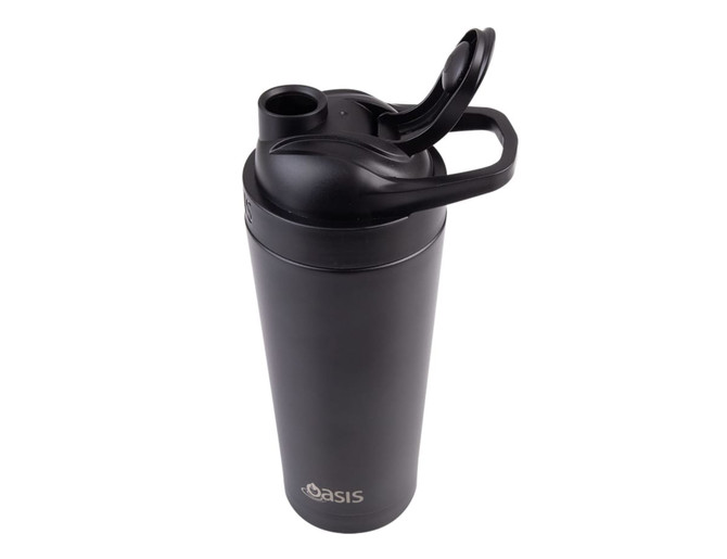 A drink bottle in matte black with a flip-top lid and a logo, designed for holding 700ml of liquid.