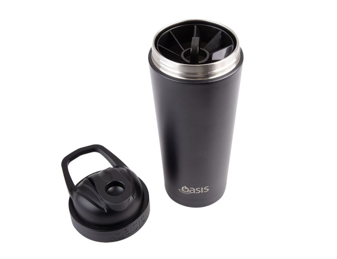 A drink bottle in matte black finish with a removable lid, featuring a built-in mixing mechanism and a logo.