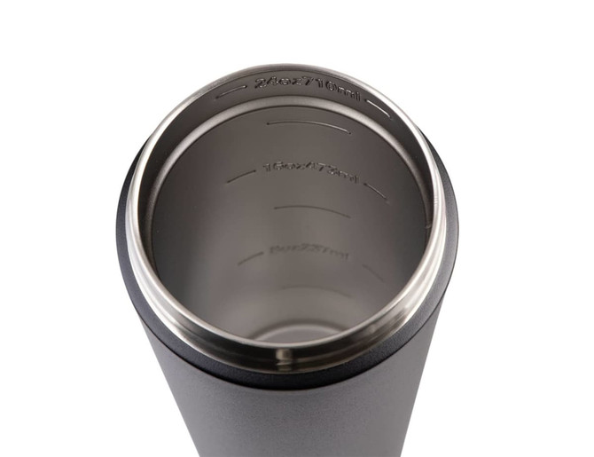 A drink bottle with a stainless steel interior and a matte black exterior, featuring measurement markings inside.