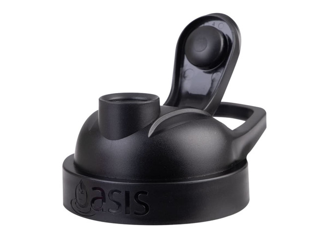 A drink bottle lid in black, featuring a flip-top spout and a handle, with a logo on the side.