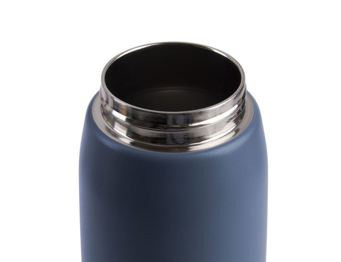 A drink bottle in navy blue with a stainless steel inner opening and a screw cap. It features a smooth, matte finish.