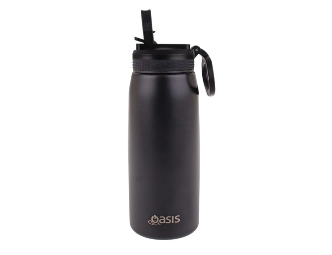 A drink bottle in matte black with a spout and a carrying handle, featuring a logo on the side.