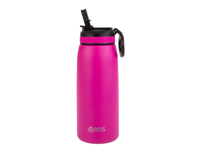 A drink bottle in vibrant pink with a spout top and a handle, featuring a logo on the front.