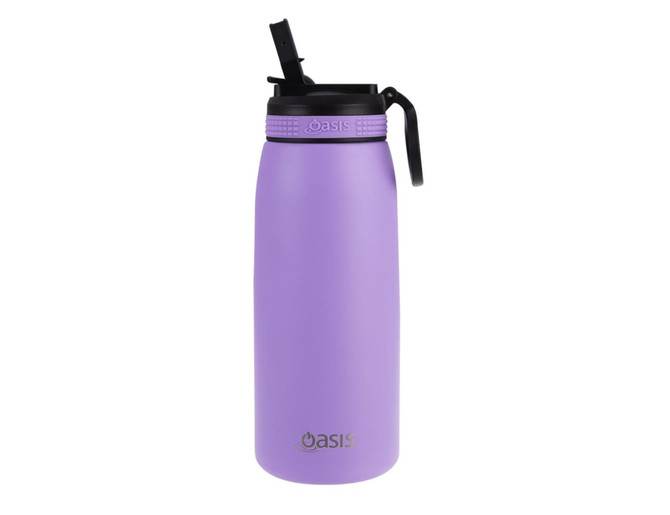 A drink bottle in lavender with a black spout and lid, featuring a logo on the side.