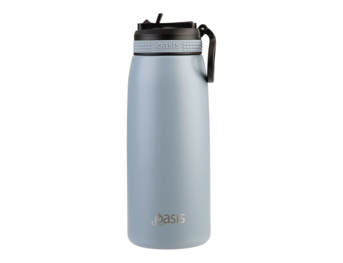 A drink bottle in light blue with a black spout and handle, featuring a logo.