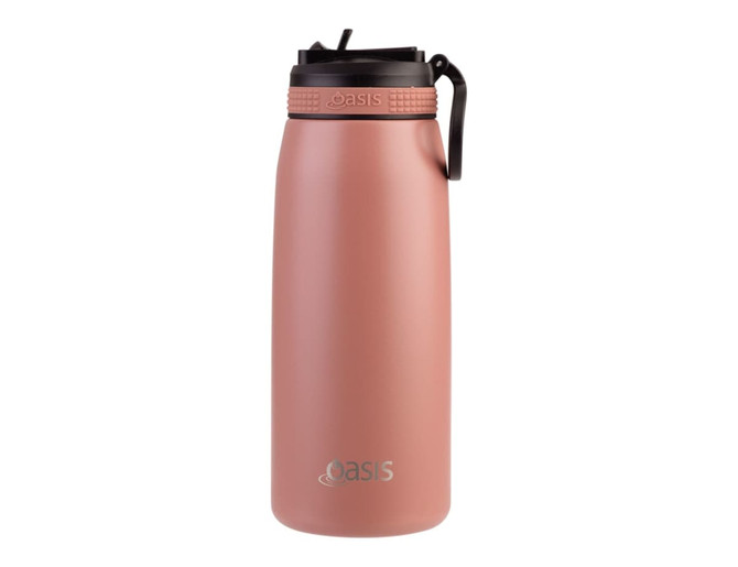A drink bottle in soft pink with a black spout and handle, featuring a logo on the front.